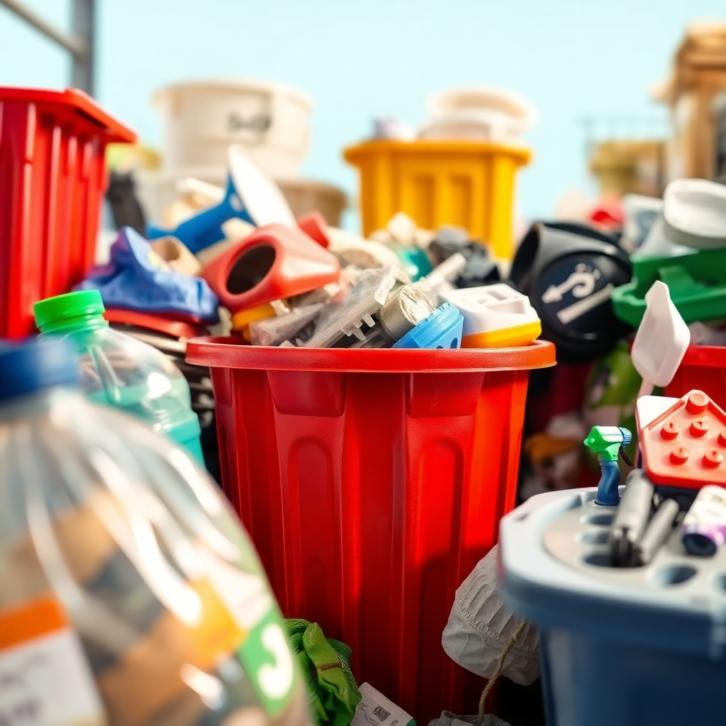 Create a stylized image illustrating the recycling process in our junk removal yard.  The lighting should be bright and positive. The color palette should be friendly. The camera angle should be close up.  The texture should highlight the different recyclable materials.  The environment should be a clean recycling center.  The style should be informational and positive.