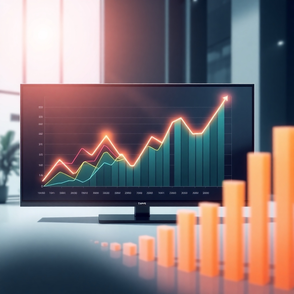 Create a stylized image of data points and graphs trending upwards on a large screen, with a subtle glow around them.  Use a futuristic interface to represent cutting-edge analytics tools and data visualization, with a focus on clean lines and clear presentation.