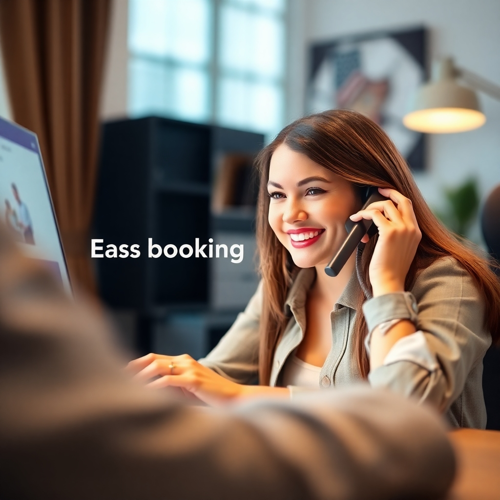 Create a stylized image showcasing the ease of our booking process. The image could show a simple website interface or a happy customer on the phone, booking a pickup. The lighting should be soft and inviting. The color palette should be cheerful and approachable. The camera angle should be close-up, highlighting the ease of the process. The texture should be minimal, focusing on the user interface or phone. The environment should be home or office setting. The overall style should be simple and intuitive.