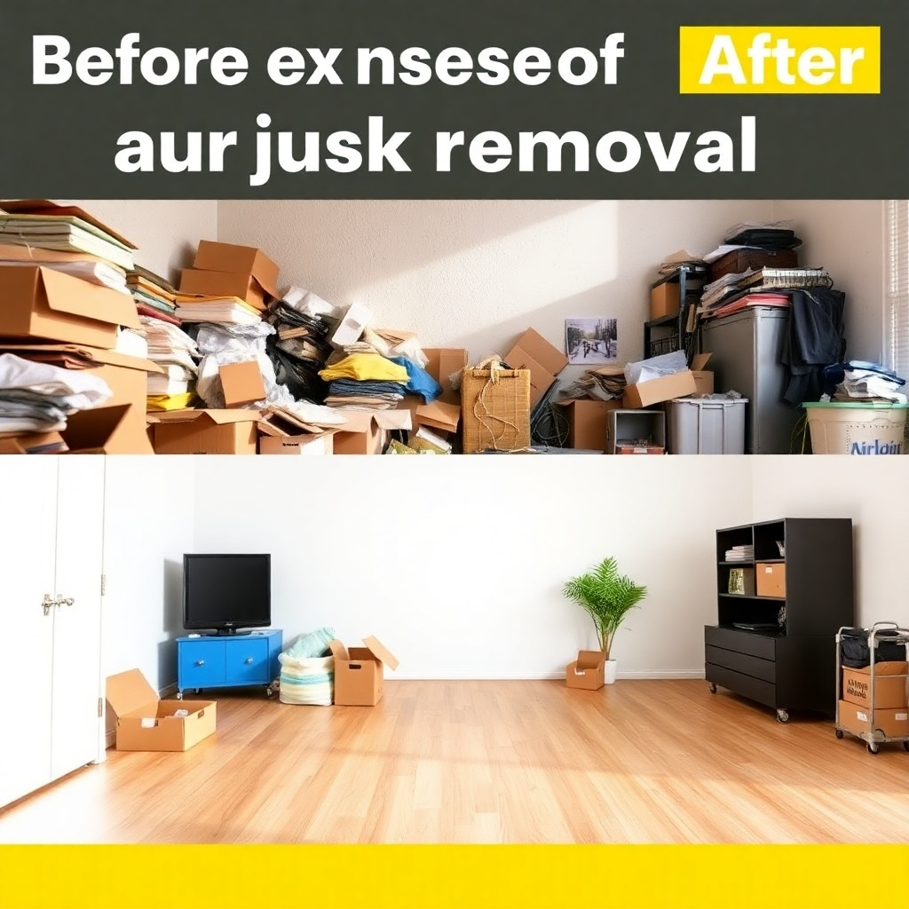 Create a stylized image showcasing the convenience of our junk removal service. The image could use a before-and-after style, showing a cluttered space transforming into a clean one. The lighting should be bright, emphasizing the transformation.  The color palette should be clean and bright, contrasting the before and after images. The camera angle should be slightly elevated, showing the full extent of the change. The texture should show the difference between the clutter and the clean space. The environment should show a residential or commercial setting.  The overall style should be upbeat and motivational.