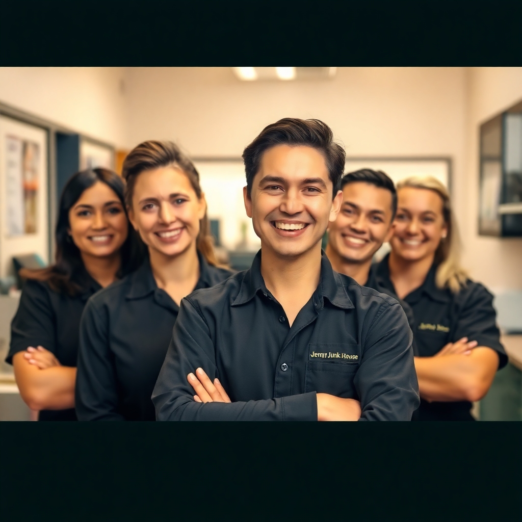 Create a stylized image showing the friendly and professional team at Jeremy's Junk House.  The image should feature a group photo of smiling and confident employees, maybe highlighting their uniforms. The lighting should be warm and inviting.  The color palette should be professional and approachable. The camera angle should be head-and-shoulders, creating a personal connection with the team. The texture details should include the detail in their uniforms.  The environment should be a neat and clean office. The overall style should be professional and friendly.