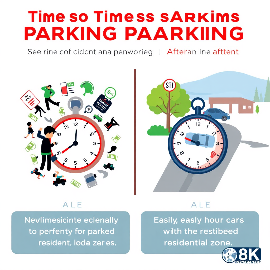 Create a stylized infographic comparing the time spent searching for parking before and after the implementation of residential permits near Lodi Lake. The infographic uses a split-screen design. On one side, a chaotic scene shows a frustrated resident endlessly circling for parking with a stopwatch indicating a long time. On the other side, a serene scene shows the same resident easily parking their car in a designated residential zone with a stopwatch indicating a much shorter time. Use a clear, modern design with bold colors and icons to convey the data. The style leans towards graphic design, emphasizing the contrast in time spent. The background subtly features Lodi Lake. Ensure the infographic is visually appealing and easily understandable, highlighting the time-saving benefits of the residential permit program. 8k resolution.