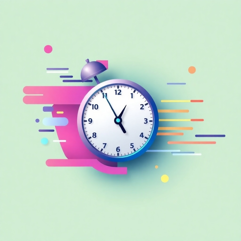 Create an abstract representation of time saved, such as a speeding up clock, or data flowing more smoothly. Use vibrant colors that symbolize efficiency and optimized processes.