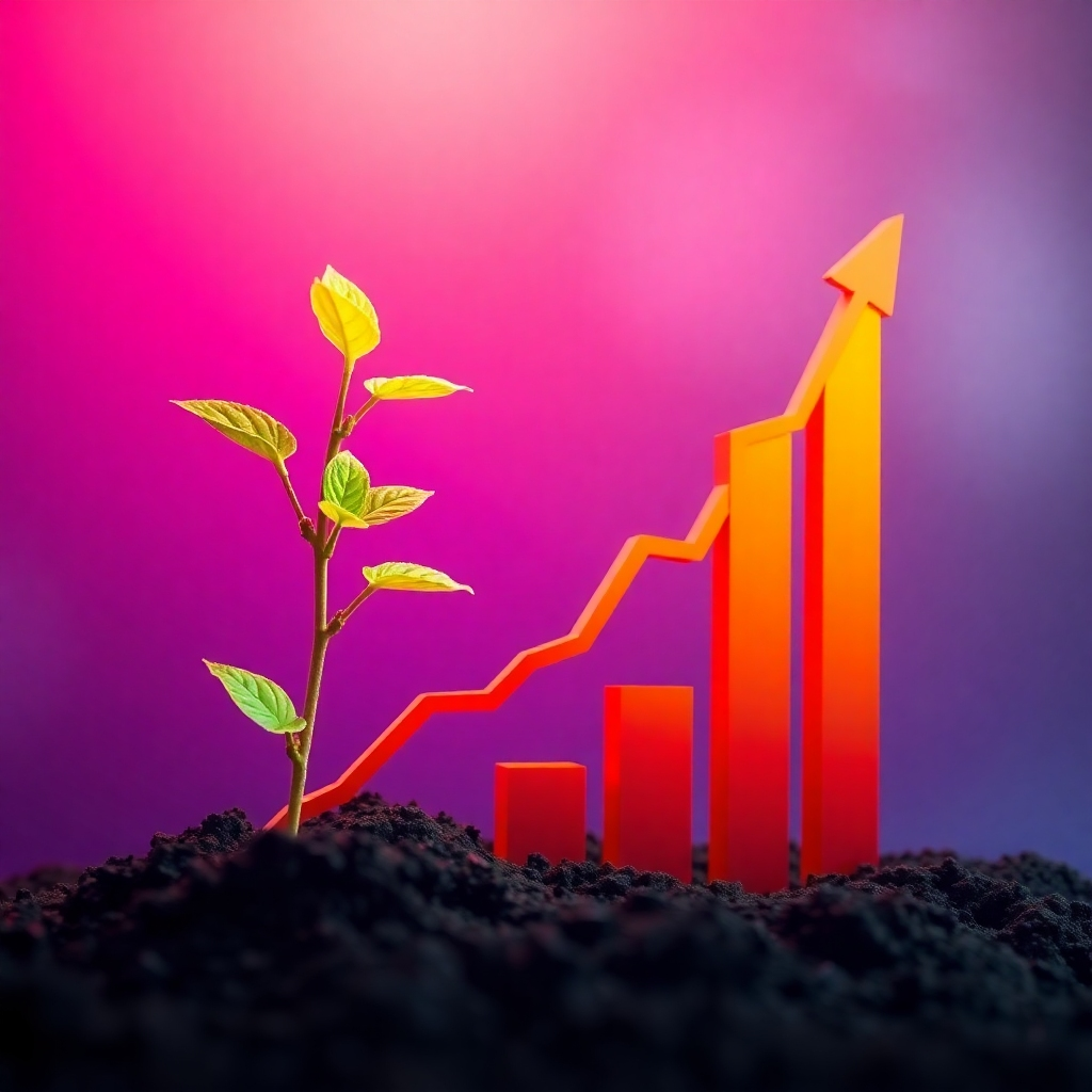 Create an image representing a high ROI using visual metaphors, like a rapidly growing plant or a steadily rising graph.  Use vibrant colors that represent growth and success.