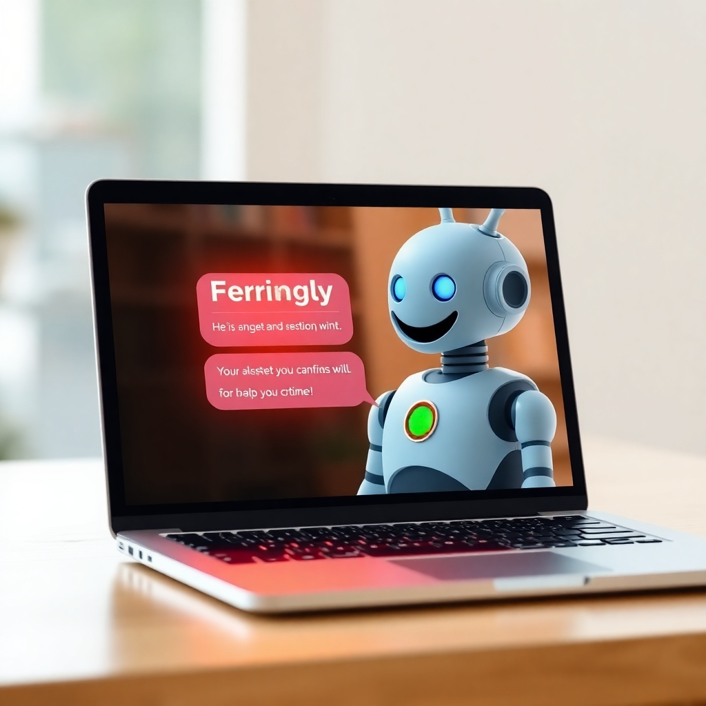 Depict a friendly chatbot interface with glowing text, displayed on a laptop screen. Show it in a customer service scenario; use a warm color palette, highlighting ease of use and helpfulness.