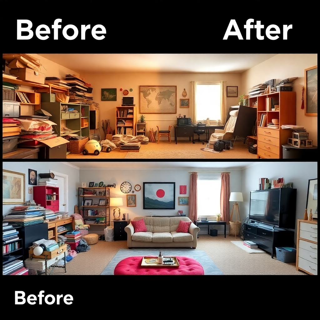 Generate a photorealistic image showcasing the transformation of a cluttered home to a clean, organized space after using Jeremy's Junk House services. The lighting should contrast the before and after, emphasizing the impact. The color palette should shift from chaotic to calm and organized. The camera angle should show the whole space in both before and after shots. The texture should highlight the transformation. The environment is a home setting. The overall style should be aspirational, selling the dream of a clutter-free home.