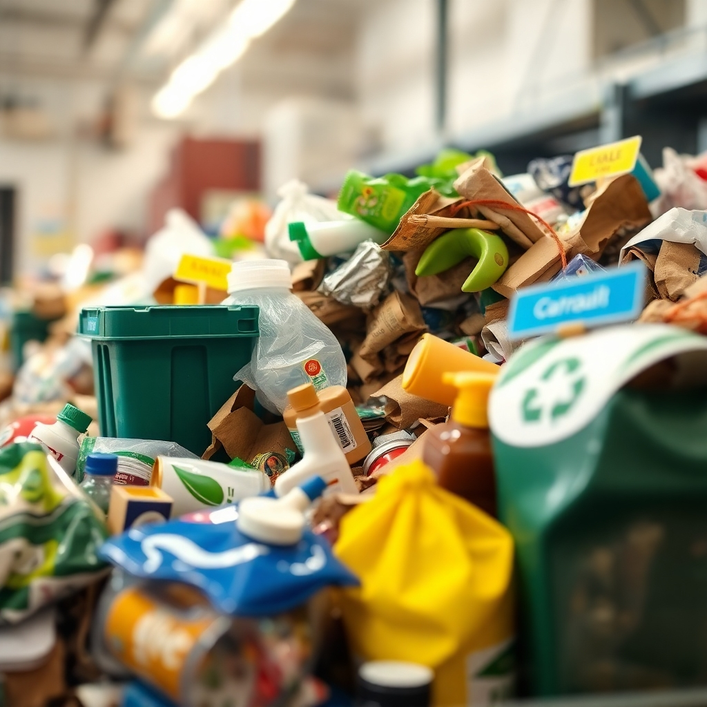 Generate a photorealistic image emphasizing sustainable waste management.  The image should feature various items being sorted for recycling, with clear labeling for different materials.  The lighting should be bright and cheerful, the color palette should be earthy tones.  The camera angle should be close-up, focusing on the detailed sorting process.  The texture details should show the variety of materials being processed.  The environment should depict a clean and organized recycling facility.  The overall style should be clean and informative, reinforcing our commitment to environmental responsibility.