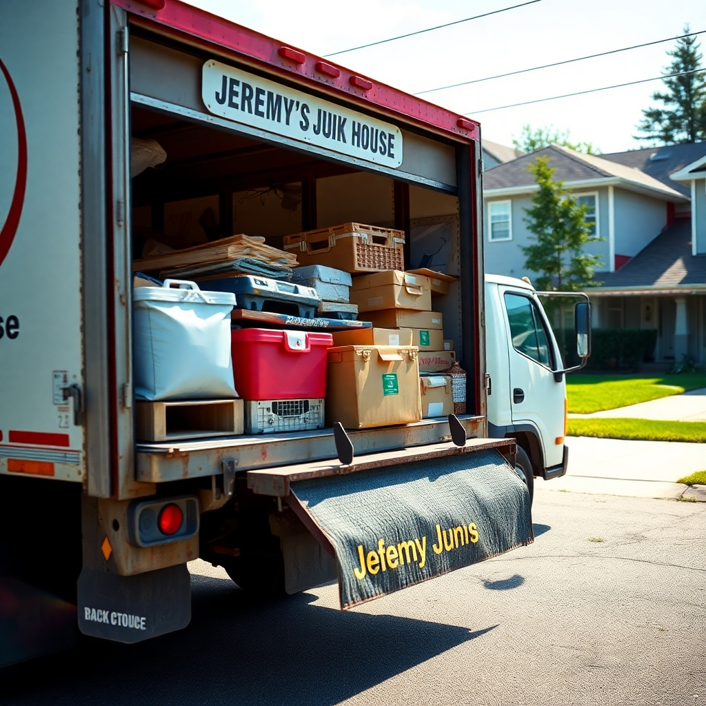 Generate a photorealistic image showing a truck from Jeremy's Junk House loading various items.  The lighting should be bright and action-oriented. The color palette should be energetic and efficient. The camera angle should be dynamic, capturing the activity of loading the truck. The texture should showcase the various types of materials.  The environment is a residential area. The style should convey efficiency and dependability.