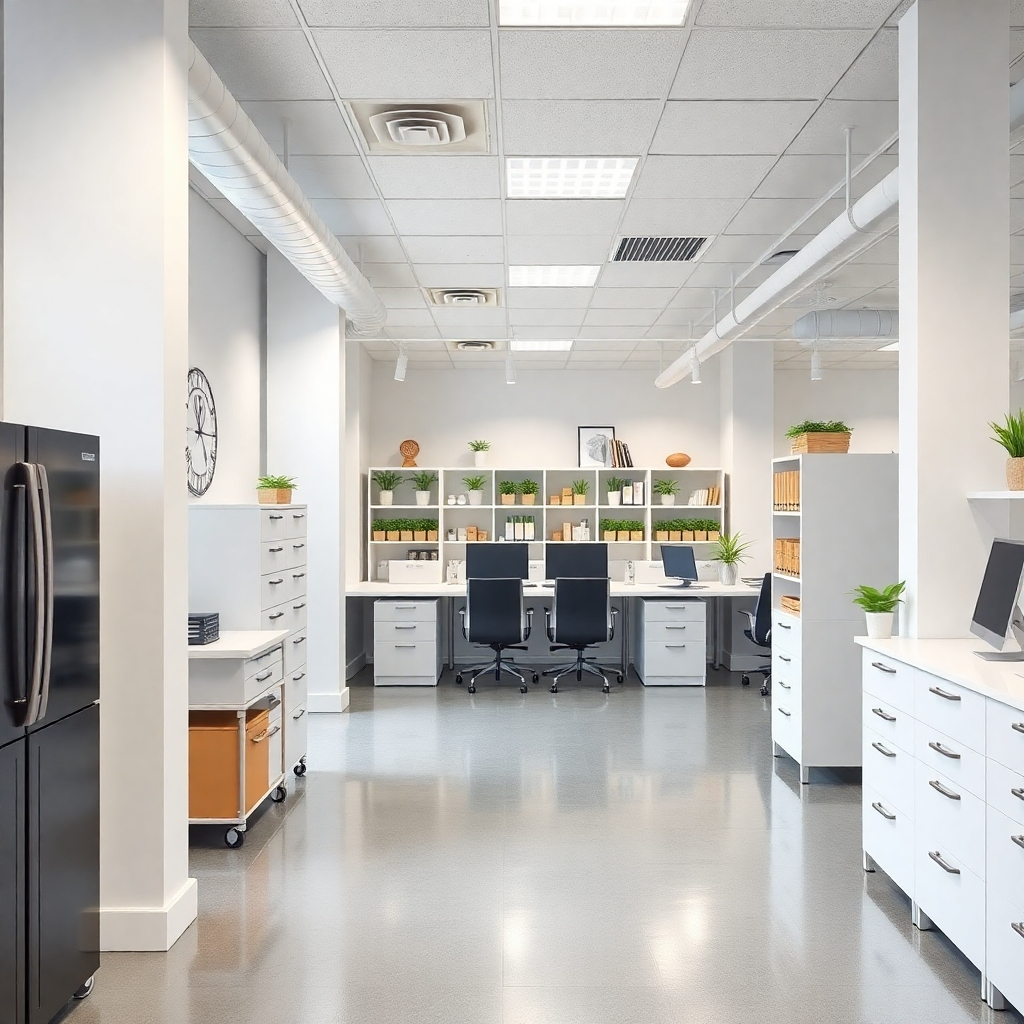 Generate a photorealistic image showing a clean and organized commercial space after our services. The lighting should be professional and bright. The color palette should be neutral. The camera angle should be wide, highlighting the impact. The texture details should be professional. The environment should be a workplace. The overall style should be professional and functional.