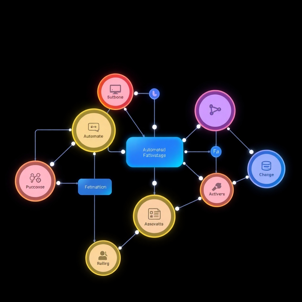 Illustrate a flowchart or diagram with glowing nodes representing automated processes, interconnected and smoothly working together, using a dark background with vibrant color accents. The style should be clean and professional, showcasing efficiency.