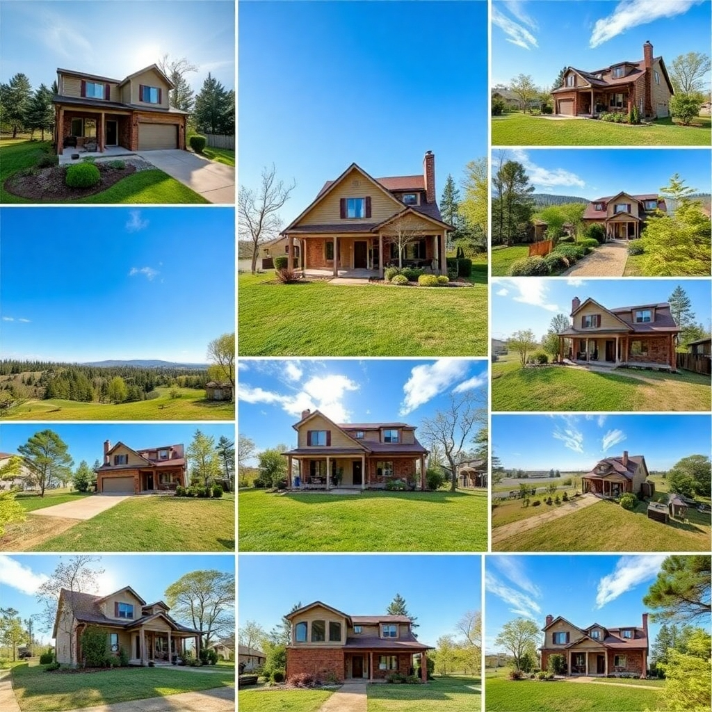 Photorealistic image: A collage highlighting the different angles and perspectives captured in the 20-25 photos of a sample smaller property.