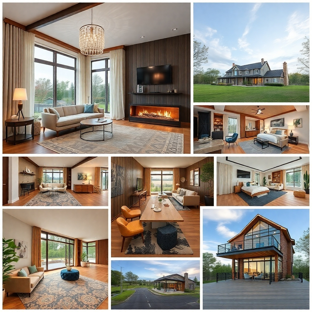 Photorealistic image: A collage of photos showing the variety of interior and exterior shots from a sample large property.