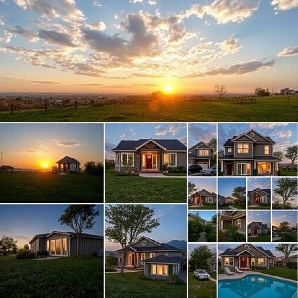 Photorealistic image: A collage demonstrating the range of angles and lighting in 25-30 photos from a mid-sized property.