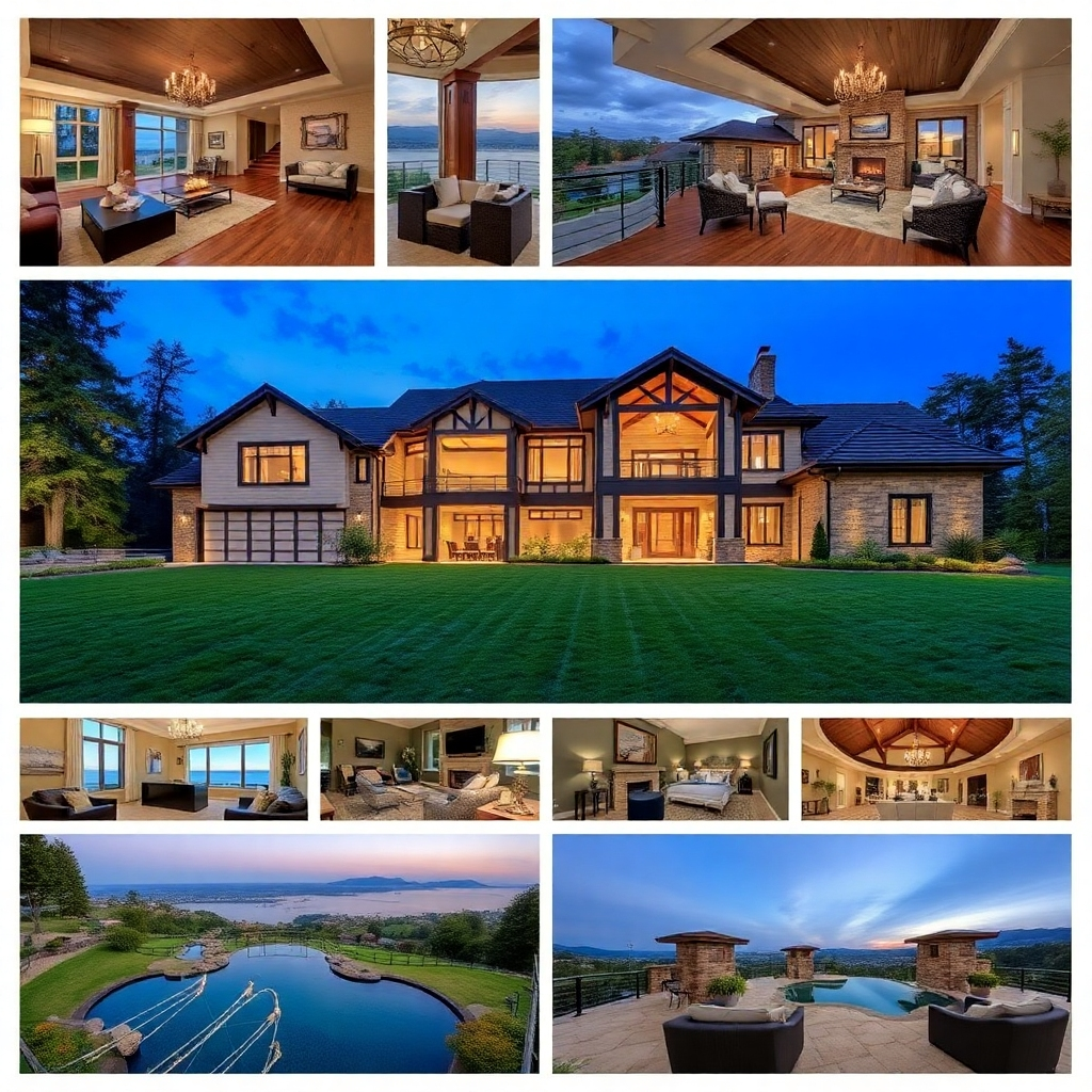 Photorealistic image: A collage demonstrating the attention to detail in the 35-40 photos of a large, luxury home.