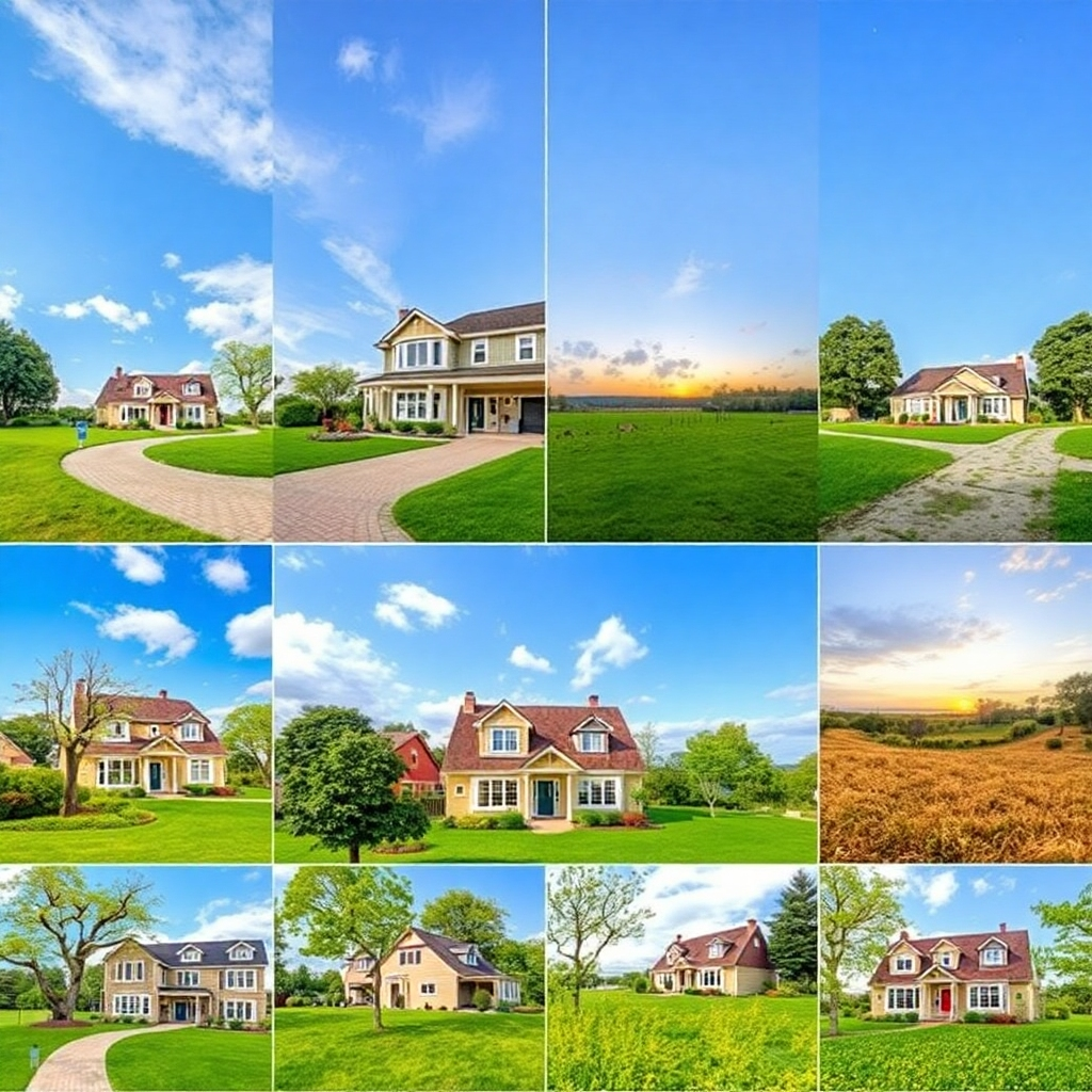 Photorealistic image: A collage showing the broad range of a 40-45 photo set from a large property.