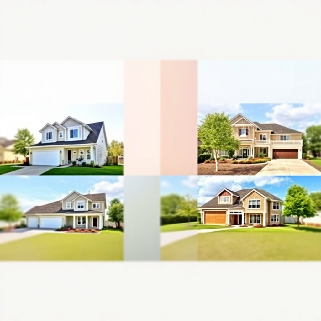 Photorealistic image: A collage of 4-6 different properties showcasing Vision One Imagery's HDR photography. The style should be clean, concise, and visually appealing.