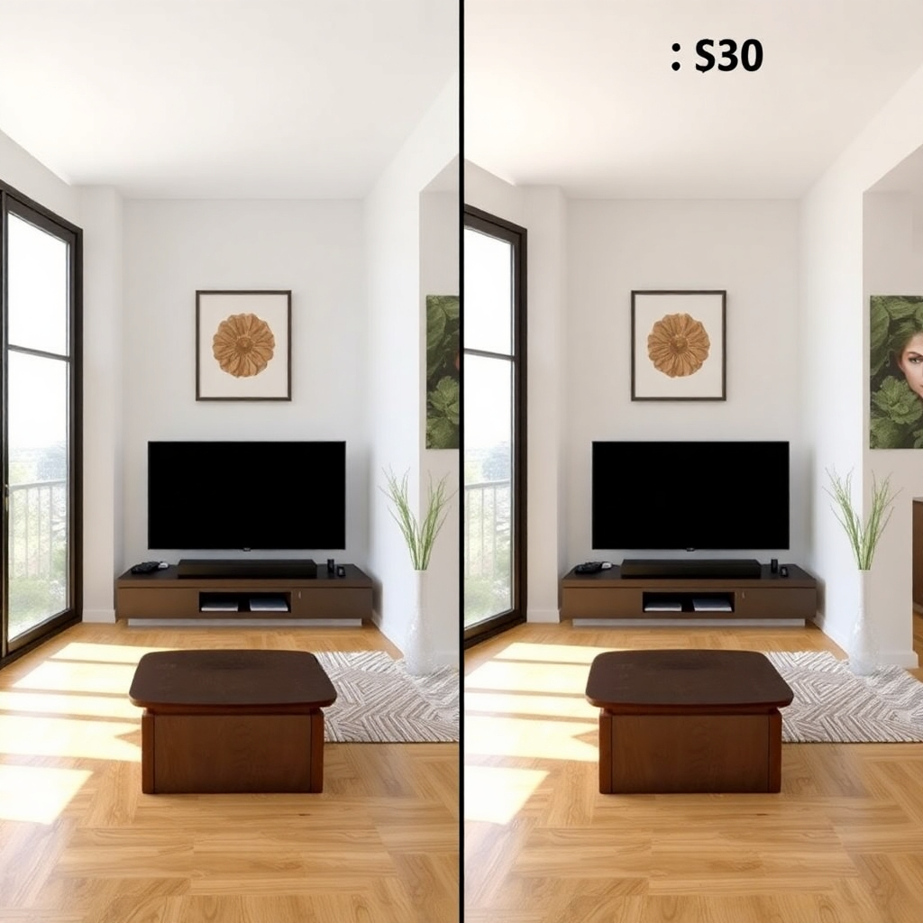 Photorealistic image: A comparison image showcasing the difference between a standard photo and a Vision One HDR photo of the same room.