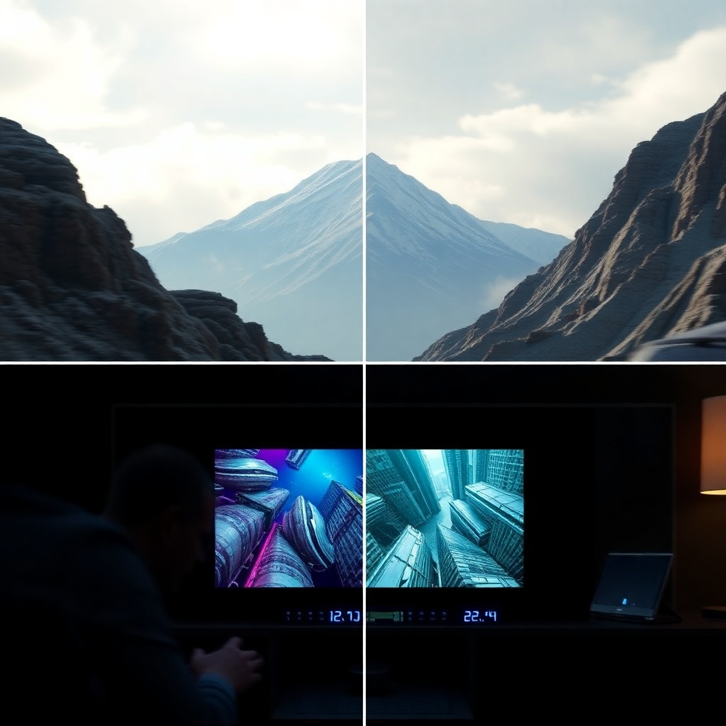 Photorealistic image: A fast-paced montage showcasing the process from the photography to the final product within 24 hours.
