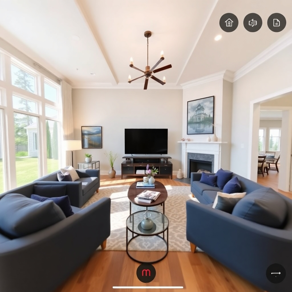 Photorealistic image: A screenshot of a 3D Matterport virtual tour of a house, showcasing its interactive features.