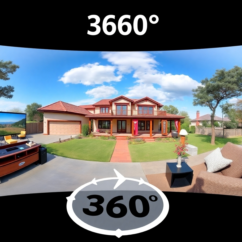 Photorealistic image: A screen capture of a 360° virtual tour, showing interactive elements and a realistic representation of the property. The image should emphasize user interactivity and navigation.