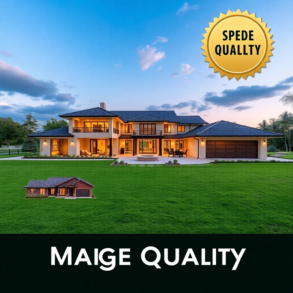 Photorealistic image: A series of photos showcasing a large property and emphasizing image quality.