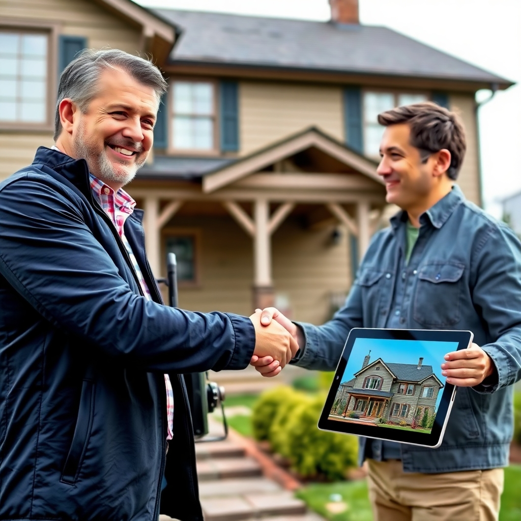 Photorealistic image: A smiling client happily shaking hands with our photographer in front of a house with our HDR photography on a tablet.