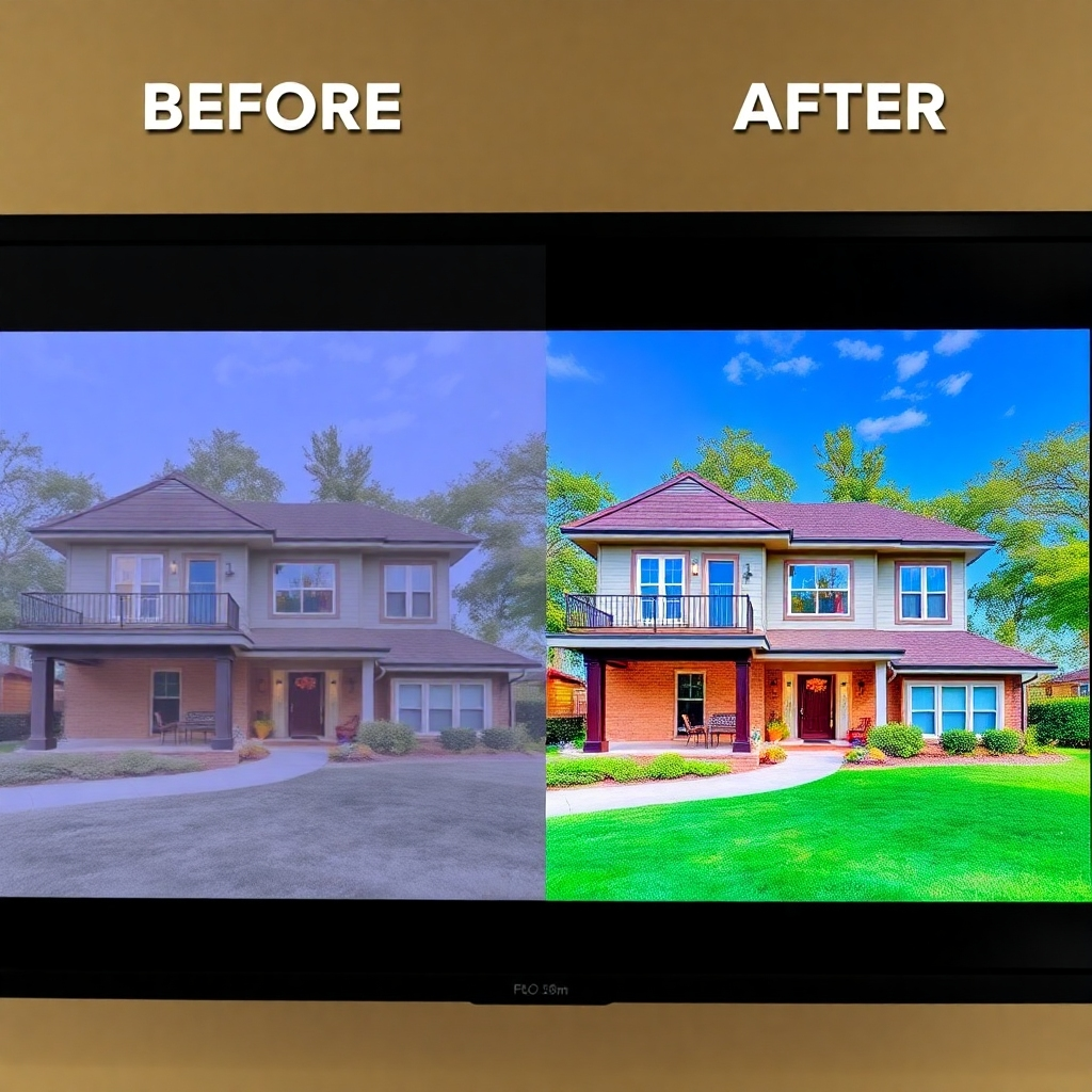 Photorealistic image: a split screen showing a before-and-after comparison of a real estate property using our HDR photography.  One side shows a poorly lit, dull photo, and the other showcases the same property with vibrant HDR photography, highlighting the differences.