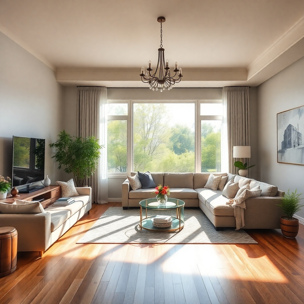 Photorealistic image: A stunning HDR photograph of a sunlit living room, showcasing rich detail and vibrant colors. The image should emphasize depth and realism, with clear, sharp textures.