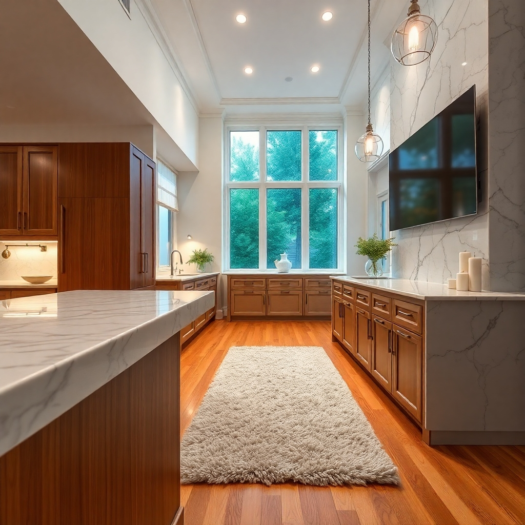 Photorealistic image: Close-up shot focusing on details of textures: hardwood floors, marble counter tops, a plush carpet, highlighting the vibrancy that HDR photography brings to properties.