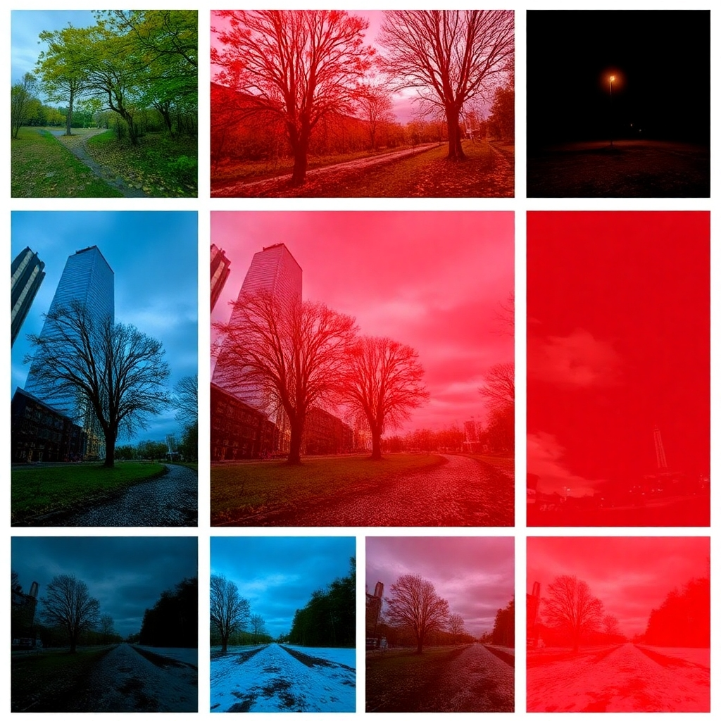 Photorealistic image: Multiple photos showcasing the impressive effects of HDR in various settings.