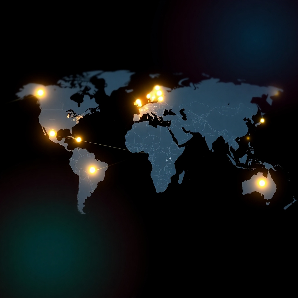 Present a map of the world with glowing points that mark locations of successful lead generation campaigns, with lines connecting them to represent customer acquisition.  Use a color palette that represents geographical spread and data points.