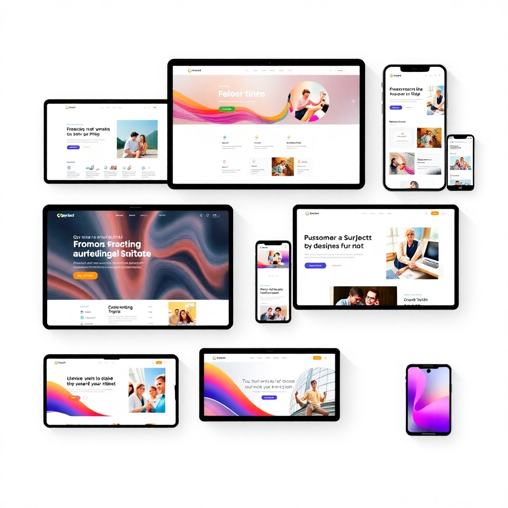 Showcase a collection of diverse website mockups displayed on different devices. Use a clean and modern aesthetic, highlighting the responsiveness and user-friendliness of the designs. Use bright and airy colors, which communicate innovation and creativity.