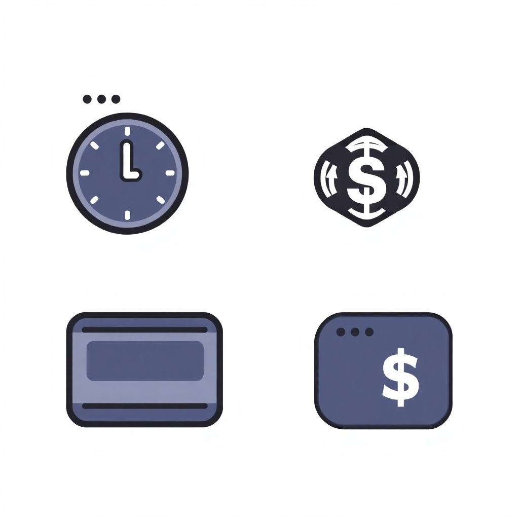 Stylized image:  Iconography depicting a fast clock, an HDR screen, a virtual tour symbol and a dollar sign to showcase our key features.