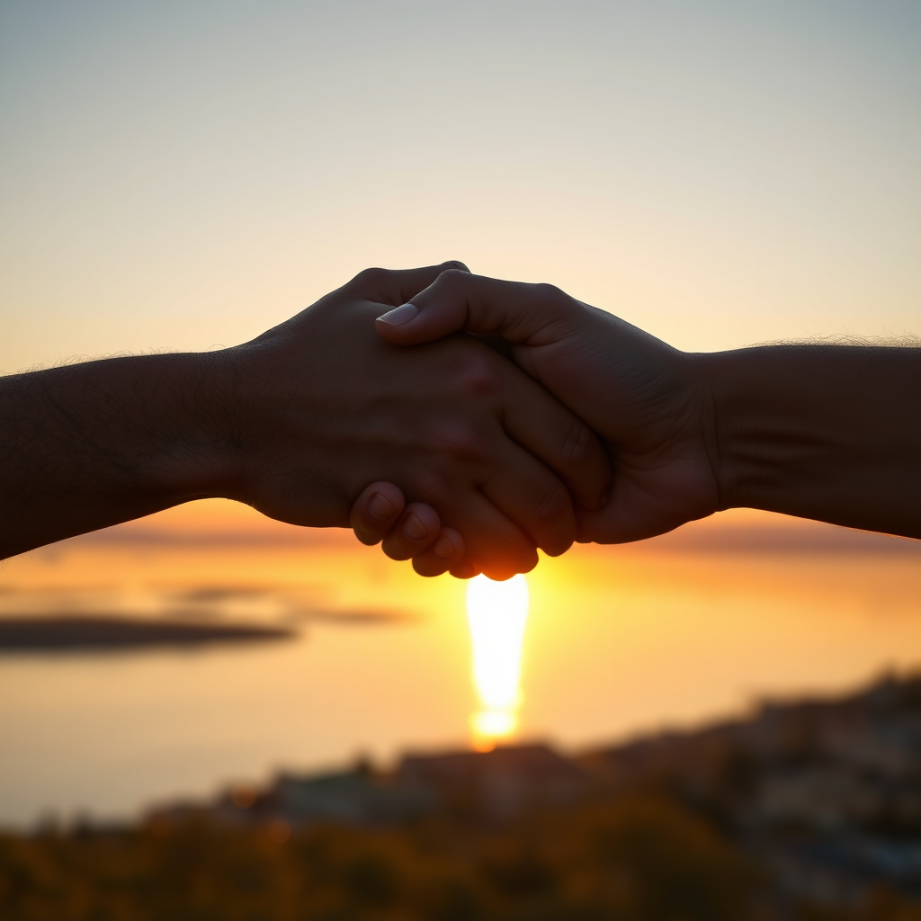 Two hands clasped together in a handshake, symbolizing collaboration. The hands are set against a backdrop of Lodi Lake at sunset, with warm, golden light illuminating the scene. The image is sharply focused on the handshake, with the lake subtly blurred in the background. The overall impression should be one of trust, partnership, and a shared goal. 8K resolution, emphasizing the textures of the hands and the beauty of the lake. The style should be photorealistic, with a focus on creating a sense of connection and unity.