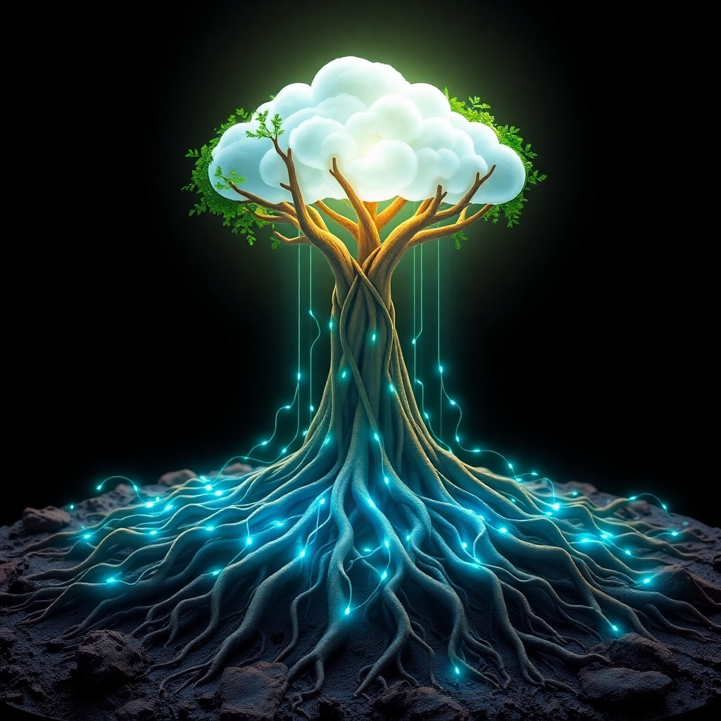 A 4K photorealistic image depicting the concept of data backup and recovery. A stylized tree with deep roots represents a strong foundation of data security. The roots are intertwined with glowing fibers of light, symbolizing data streams being securely backed up to a cloud-like structure above. The color palette consists of earthy tones for the tree and vibrant blues and greens for the data streams and cloud. Soft, natural lighting highlights the interconnectedness of the tree and the cloud. The camera angle is a medium shot, focusing on the entire tree and its connection to the cloud. This image should evoke feelings of stability, security, and growth, reinforcing the company's commitment to data protection. Style is similar to modern tech websites with a focus on clean, professional visuals.