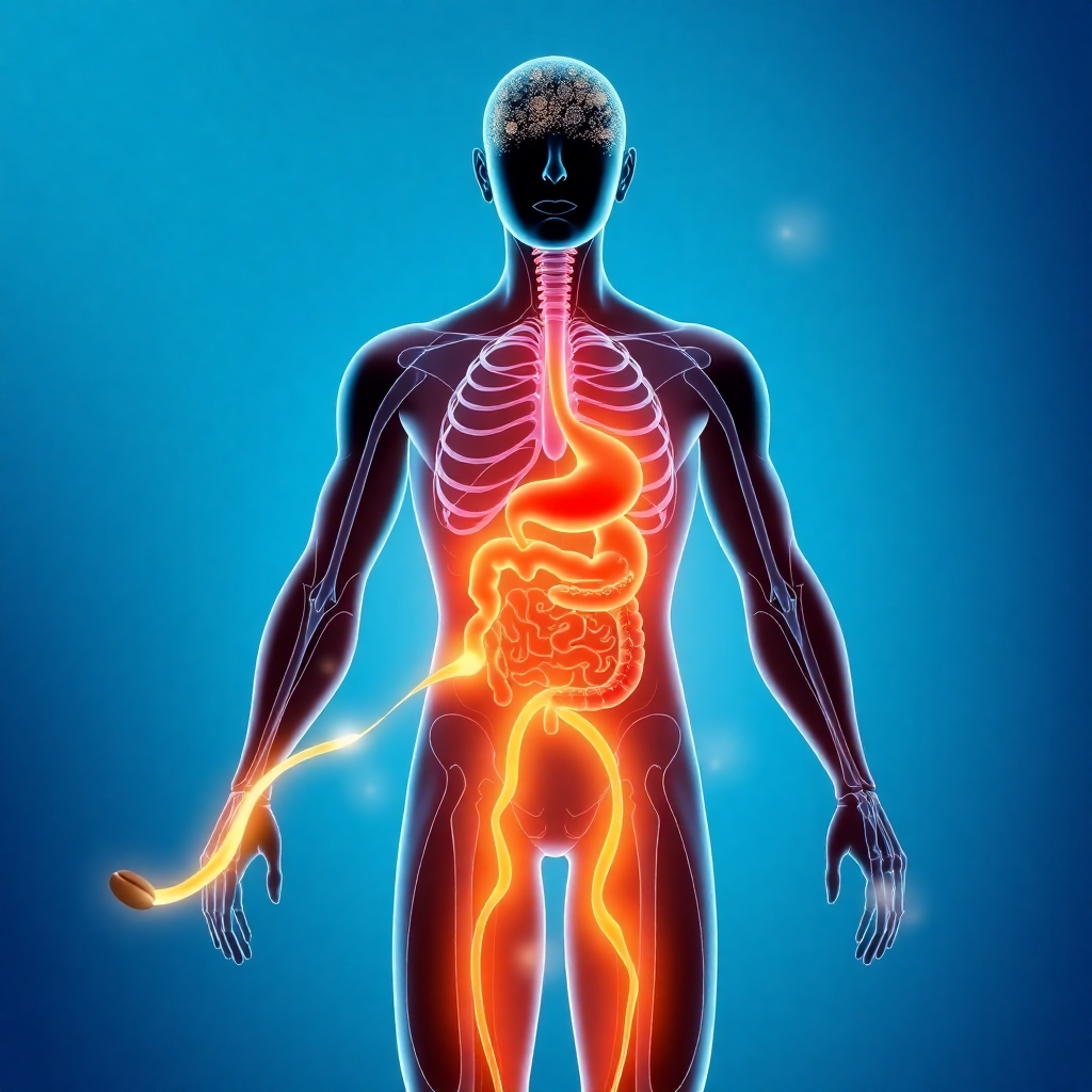 A 4K resolution, high-quality image representing the core values of 'Nutrition'. The image should feature a stylized depiction of the human body with glowing pathways highlighting the nervous system, digestive system, bones, and muscles. These pathways are nourished by flowing streams of vibrant, liquid supplements and coffee beans. The background is a soft, gradient blue, symbolizing trust and well-being. The overall style is modern and clean, with a focus on conveying the idea of holistic health and nourishment. Subtle light flares emanate from the glowing pathways, adding a touch of magic and wonder. Camera angle: straight on, focusing on the stylized body and its interconnected systems.