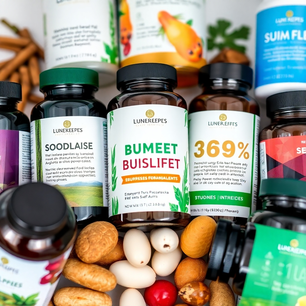 A close-up image of a variety of supplements, artfully arranged to showcase their benefits. Use soft lighting to highlight the quality and purity of the ingredients. Include informational graphics or labels that explain their uses. Camera angle: macro shot, focusing on the details of the supplements and their packaging.