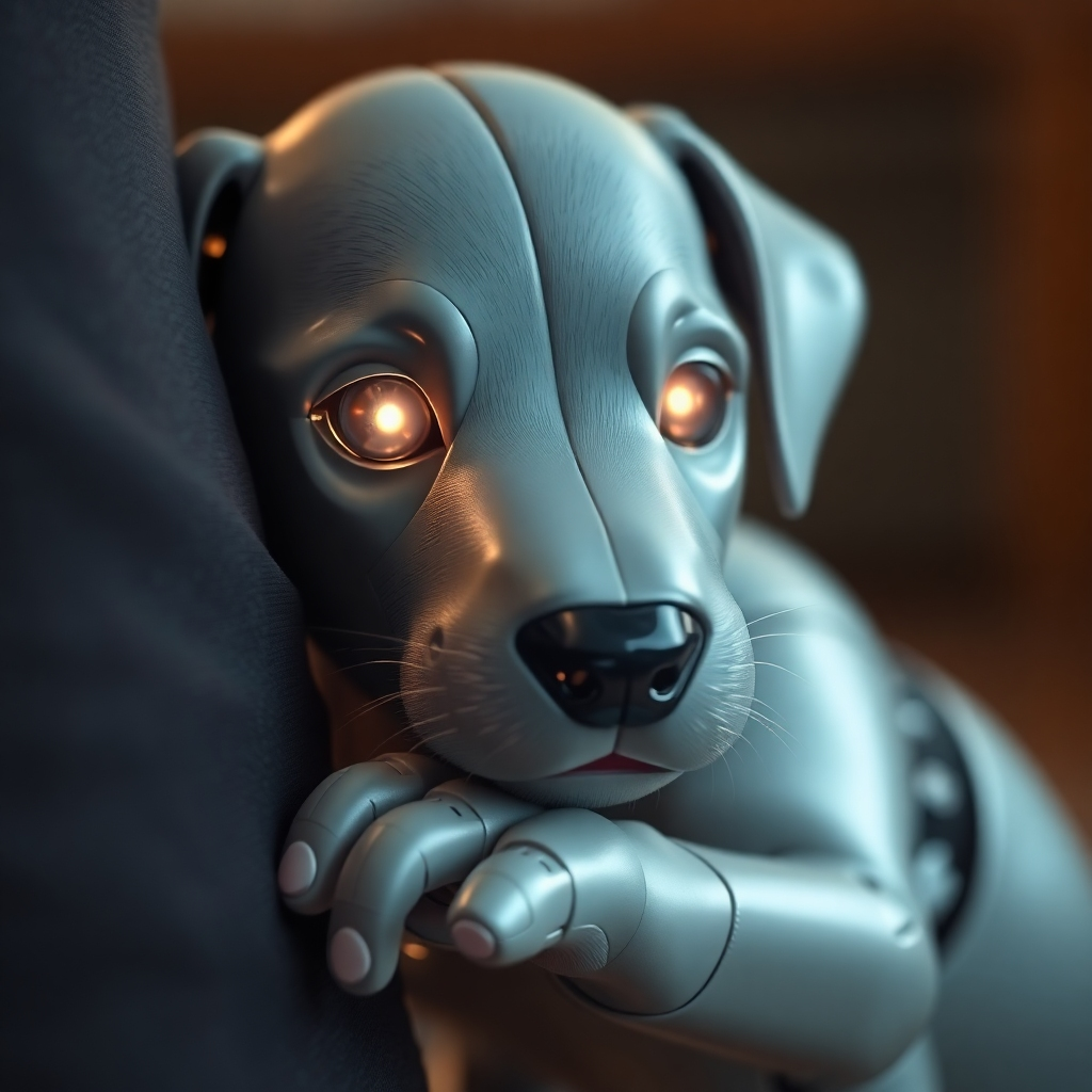 A close-up, photorealistic image of a robotic puppy nuzzling against a person's leg. The lighting is soft and warm, highlighting the puppy's expressive LED eyes and smooth, metallic fur. The background is blurred, focusing attention on the interaction. The color palette is muted and comforting, emphasizing the emotional connection. Texture details are key, showcasing the realistic texture of the robotic fur and the gentle touch of the human hand. Style references: Documentary photography, emotional realism. Technical specs: 4K resolution, shallow depth of field.