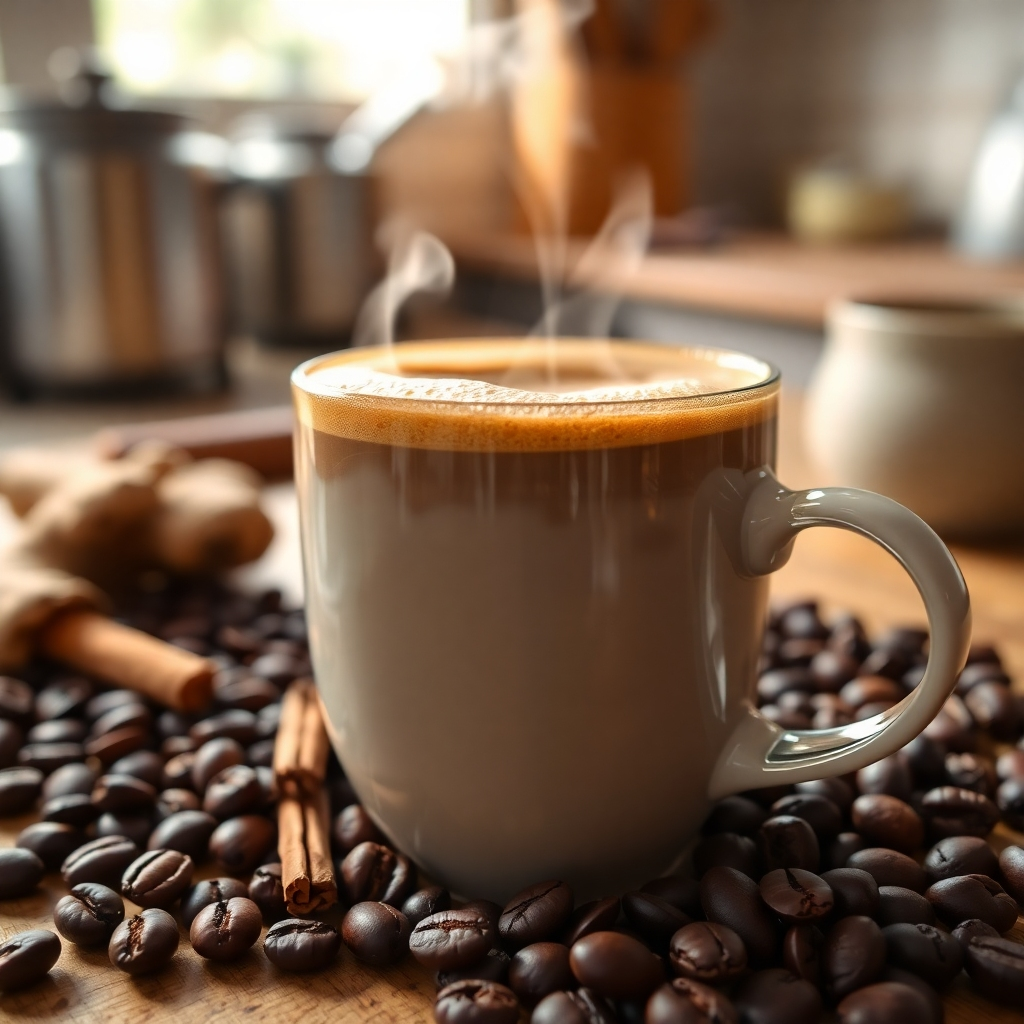 A close-up, photorealistic image of a steaming cup of healthy coffee. The coffee is rich and dark, with a creamy foam on top. Subtle light refracts through the liquid, creating a sense of warmth and indulgence. Include coffee beans and healthy ingredients, such as cinnamon or ginger, scattered around the cup. The background should be a warm and inviting kitchen setting. Camera angle: close-up, focusing on the details of the coffee and its ingredients.