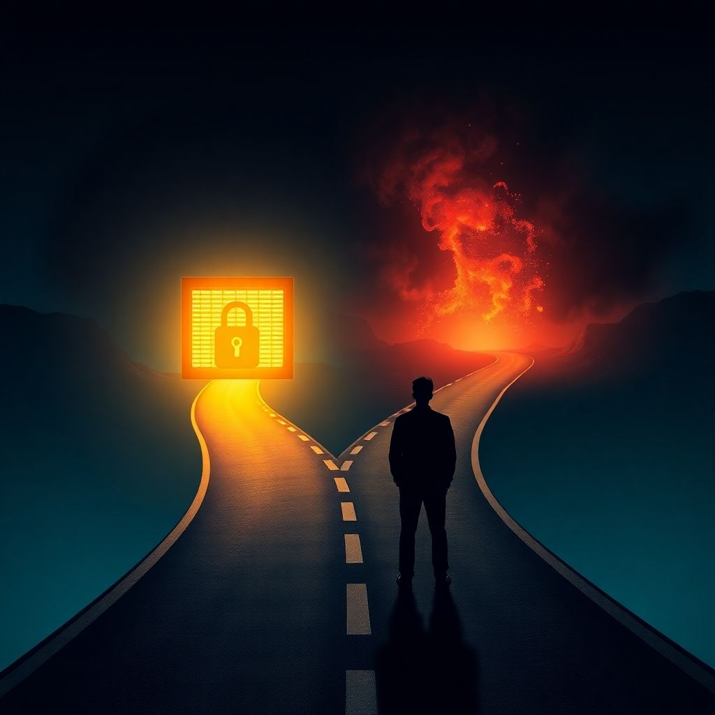 A conceptual image representing a decision-making process. Visualize a fork in the road, with one path leading to a secure, brightly lit data center and the other leading to a dark, chaotic landscape representing data loss. A silhouetted figure stands at the fork, contemplating the choice. The lighting is dramatic, emphasizing the contrast between the two paths. The color palette is warm and inviting for the secure path, and dark and ominous for the data loss path. The image should convey the importance of making informed decisions about data backup and recovery. Style: Semi-realistic, emphasizing the symbolic nature of the scene.