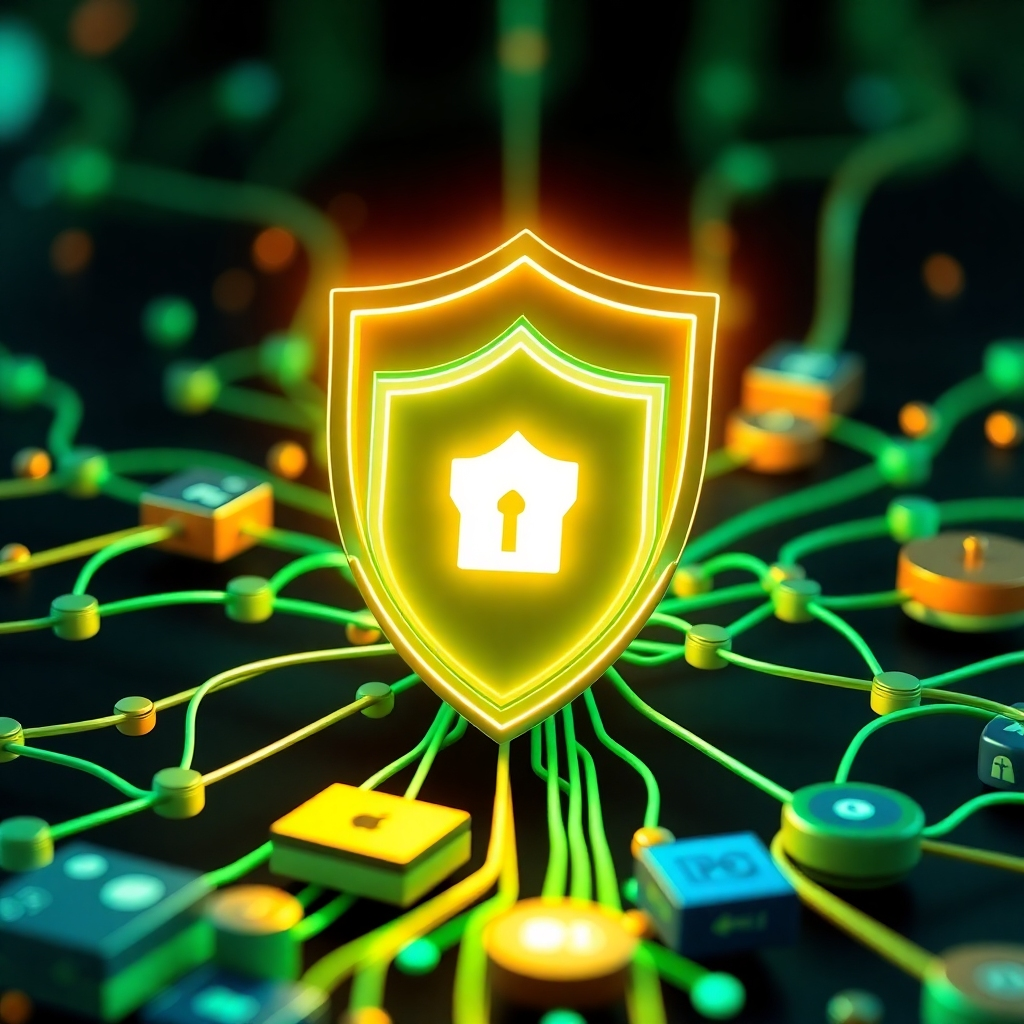 A conceptual image representing a shield protecting a network of interconnected devices. The shield is brightly lit and impenetrable, symbolizing data protection. The devices are diverse, representing different types of data. The color palette is vibrant and protective, using a combination of greens, blues, and golds. The image should convey the importance of proactive data loss prevention. Style: Semi-realistic, emphasizing the symbolic nature of the scene.