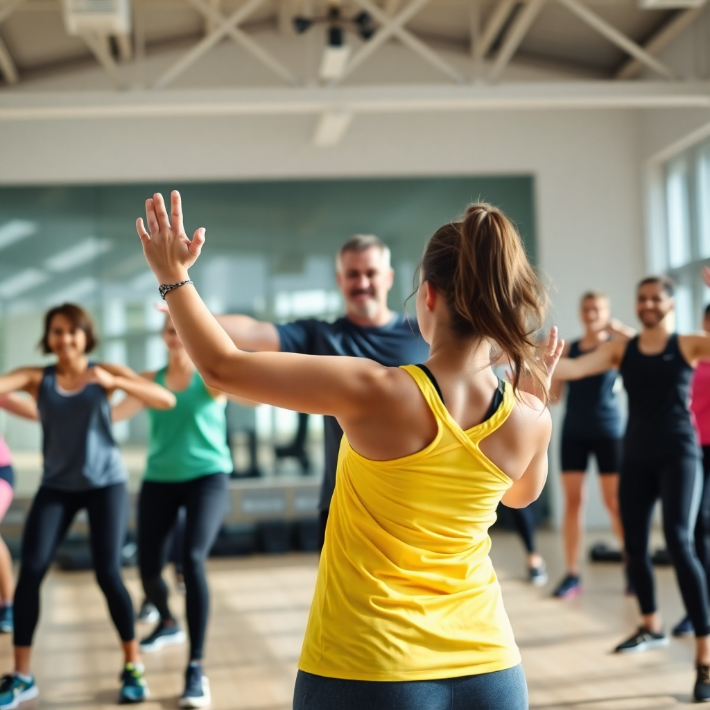 A dynamic image of a fitness coach leading a group exercise session. Focus on the energy and motivation of the participants. The background should be a bright and modern gym or outdoor setting. Camera angle: wide shot, capturing the entire group and the overall atmosphere.