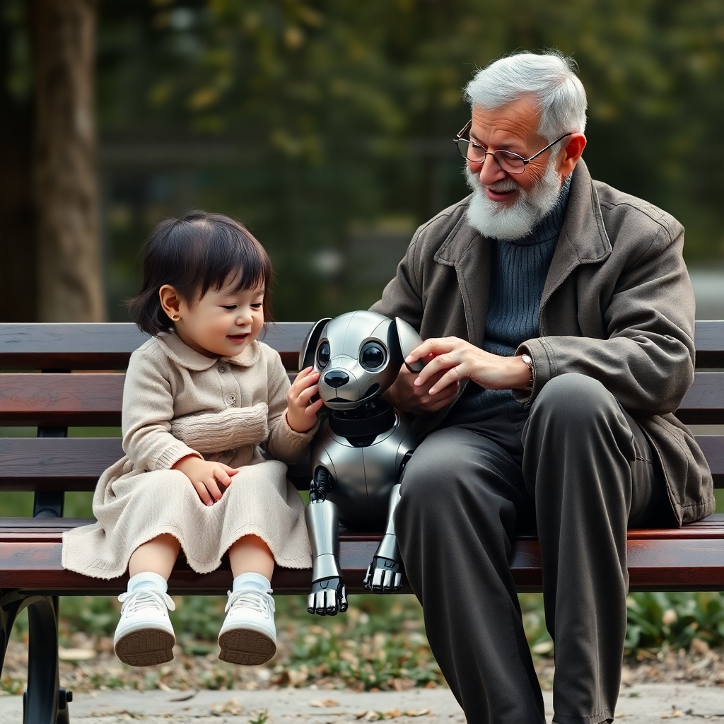 A heartwarming photorealistic image of a young child and a senior citizen sitting side-by-side on a park bench, both petting a robotic puppy. The lighting is soft and natural, creating a sense of connection and warmth. The color palette is muted and comforting. The camera angle is slightly low, capturing the shared joy. Texture details should emphasize the textures of the park bench, the skin of the human hands, and the smooth metallic finish of the robot. Style references: Intergenerational photography, human connection. Technical specs: 4K resolution, natural lighting.