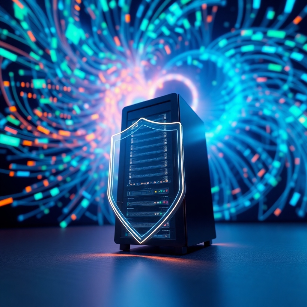 A photorealistic 8K image showcasing data backup and recovery. The scene features a central, glowing server rack surrounded by a swirling vortex of digital data streams, represented by vibrant blues, greens, and oranges. In the foreground, a translucent shield protects the server, symbolizing data security. The background fades into a deep, dark space, highlighting the importance of secure storage. Soft, ambient lighting emanates from the server, creating a sense of calm and reliability. The camera angle is a low shot, emphasizing the scale and power of the data center. Add subtle textures of metal and glass to enhance realism. This image should evoke trust and security, assuring viewers of reliable data protection, similar to the visual style of modern tech companies. Hyperrealistic detail is essential.