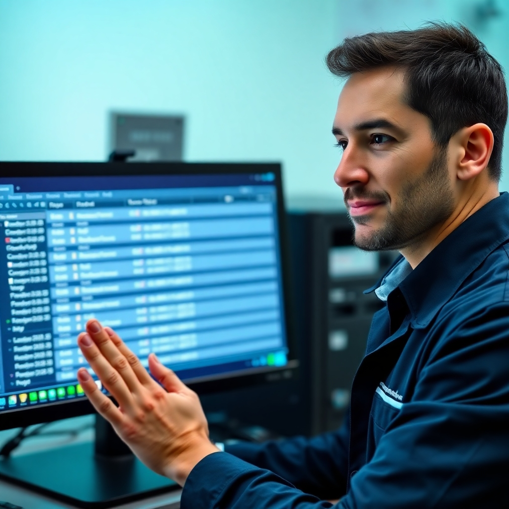 A photorealistic image depicting a technician verifying a data backup. The screen should display the restored files in a clear and organized manner, confirming successful testing. The technician appears confident and assured. The color palette is professional and reassuring, using a combination of blues, greens, and whites. Technical specs: 4K resolution, high quality, focus on detail.
