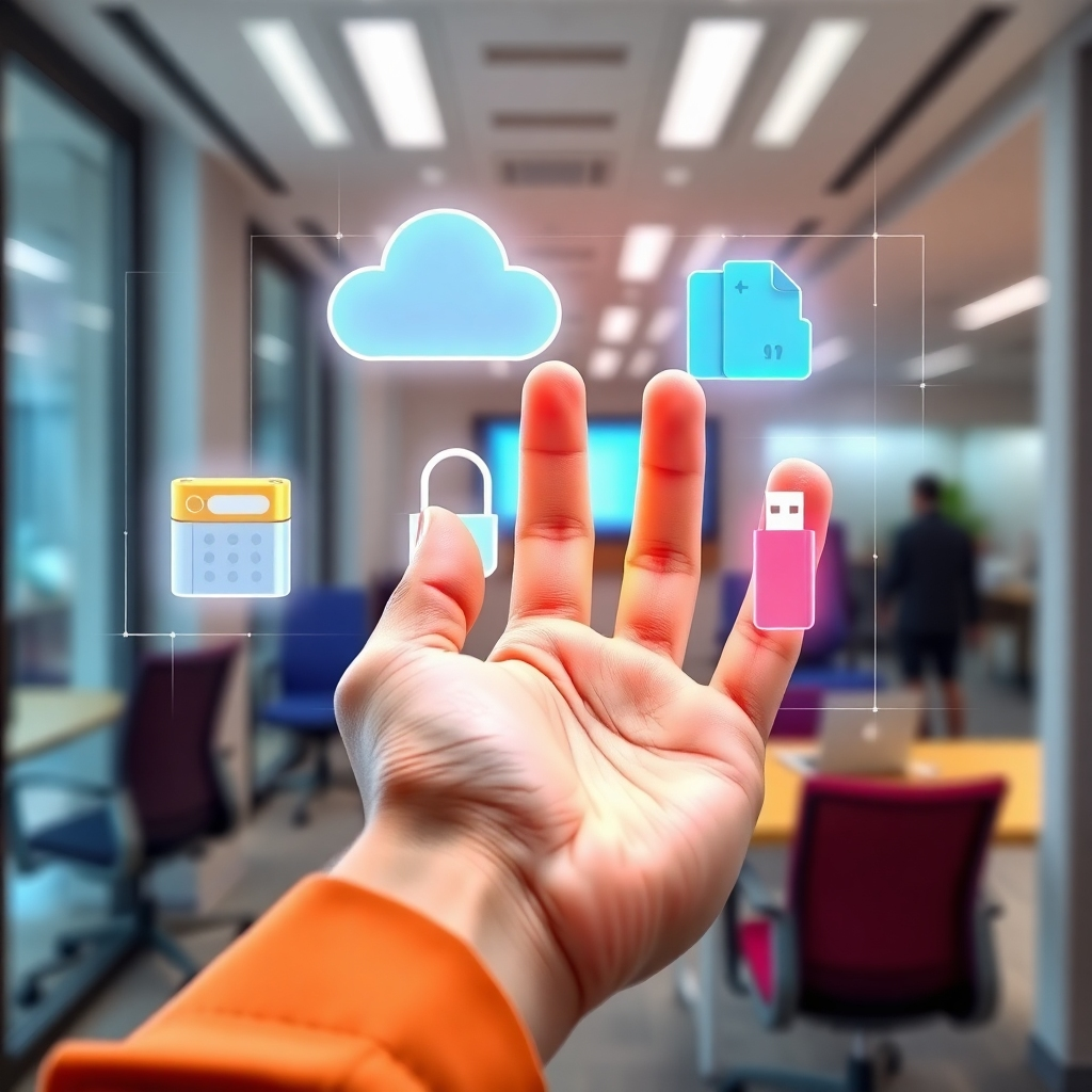  A photorealistic image depicting a person selecting different types of storage media: hard drives, cloud storage icons, and USB drives. The person's hand is hovering over a holographic display showing various storage options. The background is a modern office environment. The color palette is vibrant, with different colors representing different storage options. The camera angle is a close-up, focusing on the selection process. This image illustrates the importance of choosing the right backup solution for your individual needs.