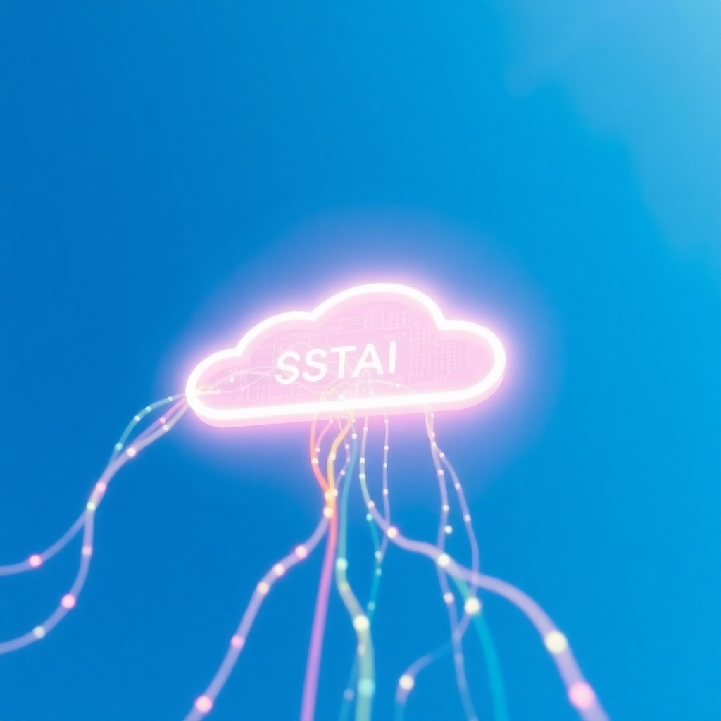 A photorealistic image depicting data flowing into a cloud symbol. The data streams are represented by glowing, colorful lines. The cloud symbol is bright and ethereal. The background is a clear blue sky. The camera angle is a low shot, emphasizing the cloud and the data flowing into it. This image illustrates the benefits of cloud-based backup solutions.