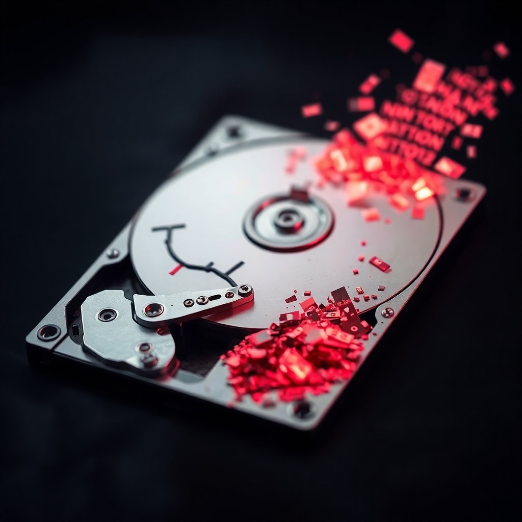  A photorealistic image depicting a damaged hard drive with fragmented data floating around it. The hard drive is slightly cracked and shows signs of wear. The fragmented data is represented by glowing, broken pieces of code. The background is a dark, blurred space. The color palette is muted, with shades of gray and red to convey damage and loss. A macro camera angle captures the details of the damaged drive and the fragmented data. This image visually represents the consequences of data loss and the importance of backup and recovery.
