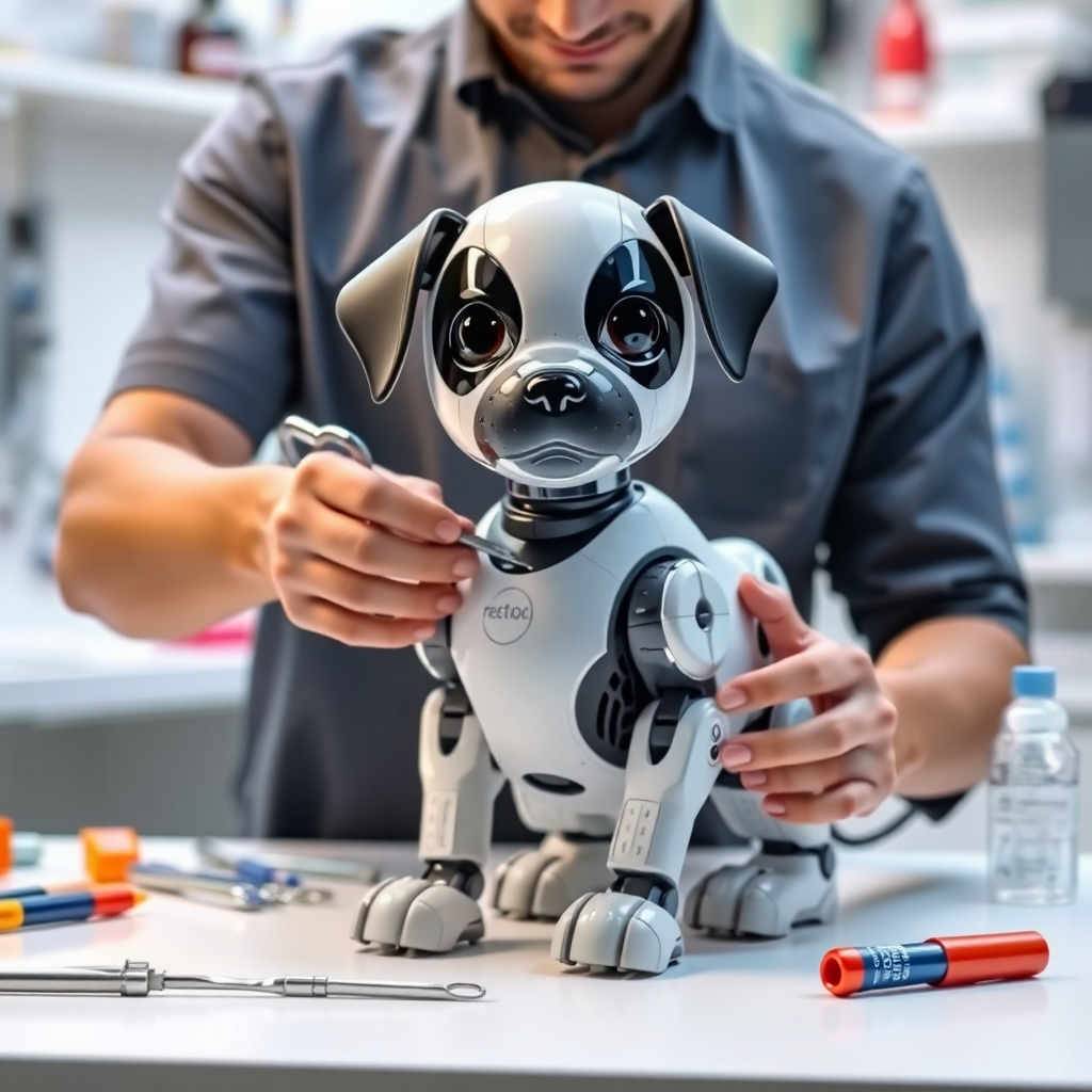 A photorealistic image depicting a person carefully cleaning and maintaining a robotic puppy. The scene is set in a clean and organized workspace, with various tools and cleaning supplies neatly arranged. The lighting is bright and focused, highlighting the maintenance process. The color palette is clean and professional. Style references: How-to photography, product care. Technical specs: 4K resolution, detailed focus.