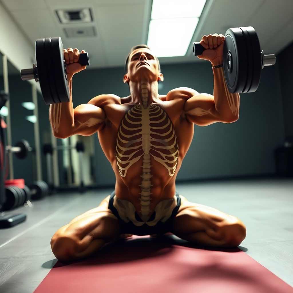 A photorealistic image depicting a person performing a strength training exercise, such as lifting weights or doing yoga. The focus should be on their muscles and bones, highlighting their strength and resilience. Use dramatic lighting to emphasize the definition of the muscles and the structure of the bones. The background should be a clean and modern gym or studio setting. Camera angle: low angle, emphasizing the power and strength of the person performing the exercise.